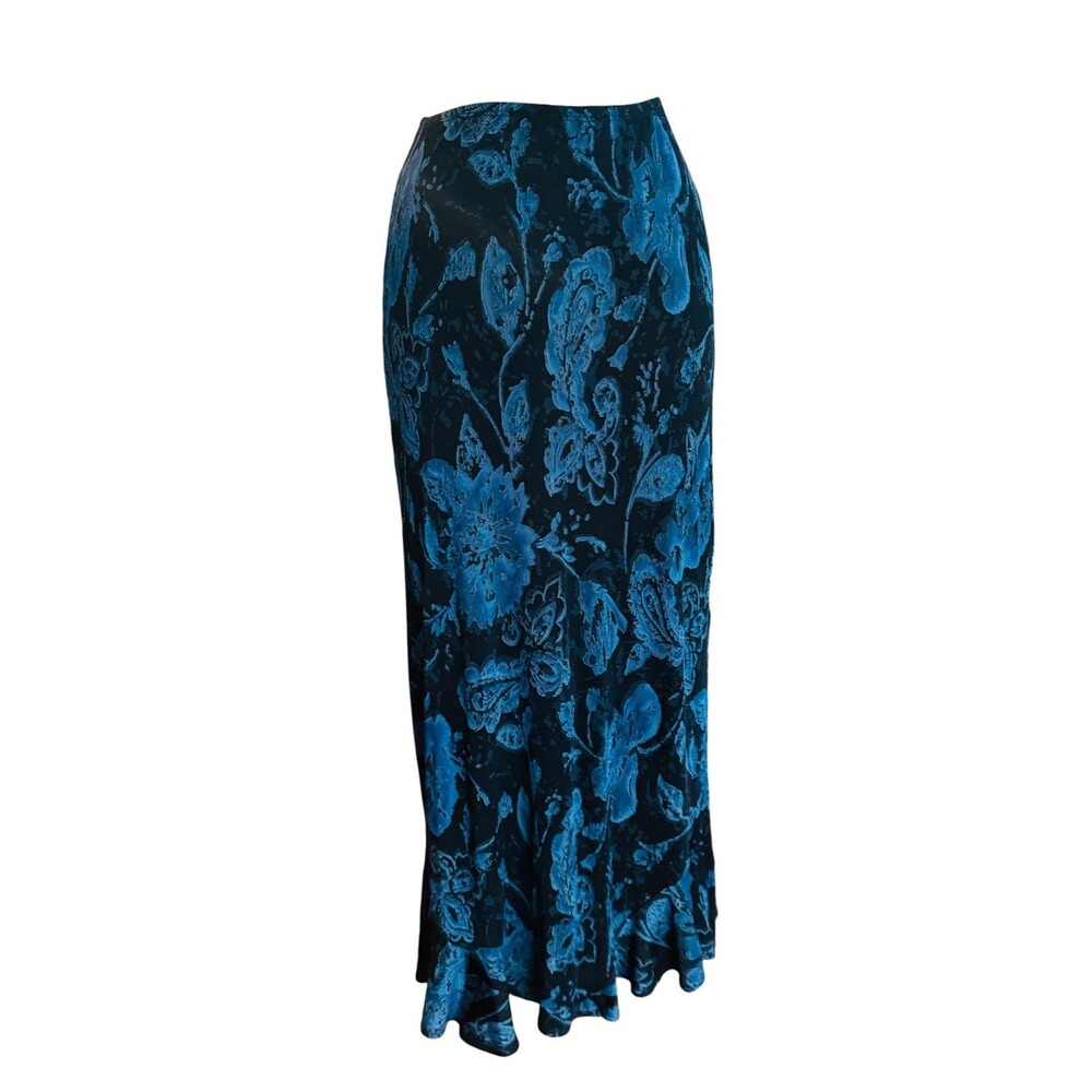 NYPL Collection Wm Small Slinky Blue/Black Floral Maxi Pull On Stretch Skirt